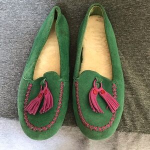 UGG Green Fur Lined Moccasins with Pink/Purple Tassels